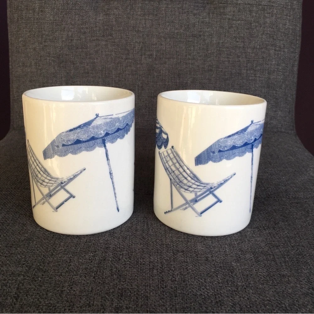 Set/2 Coastal Beach Chair Scene Coffee Mugs, White, Blue, 11 oz